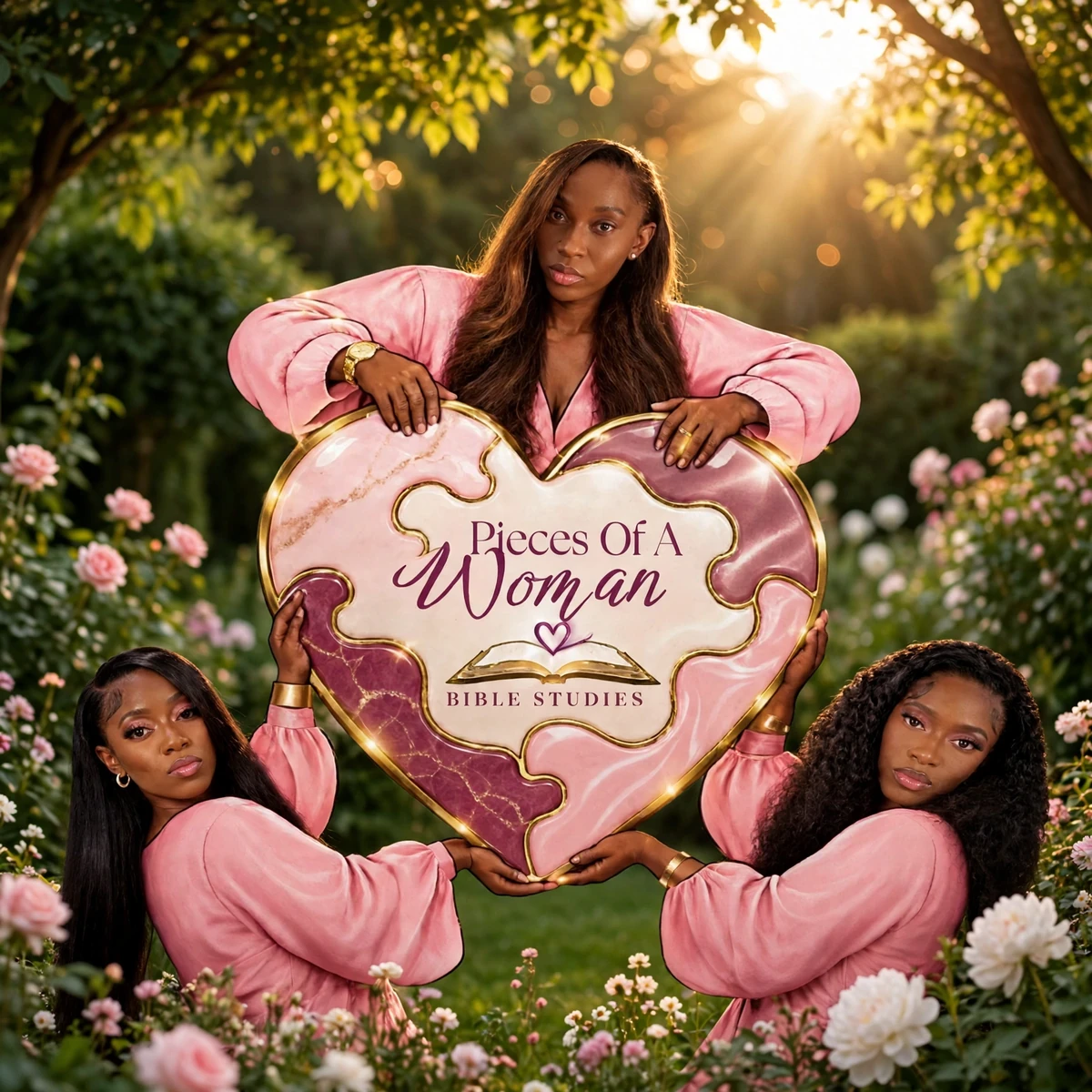 Three women in pink holding the Pieces Of A Woman puzzle heart in a rose garden.