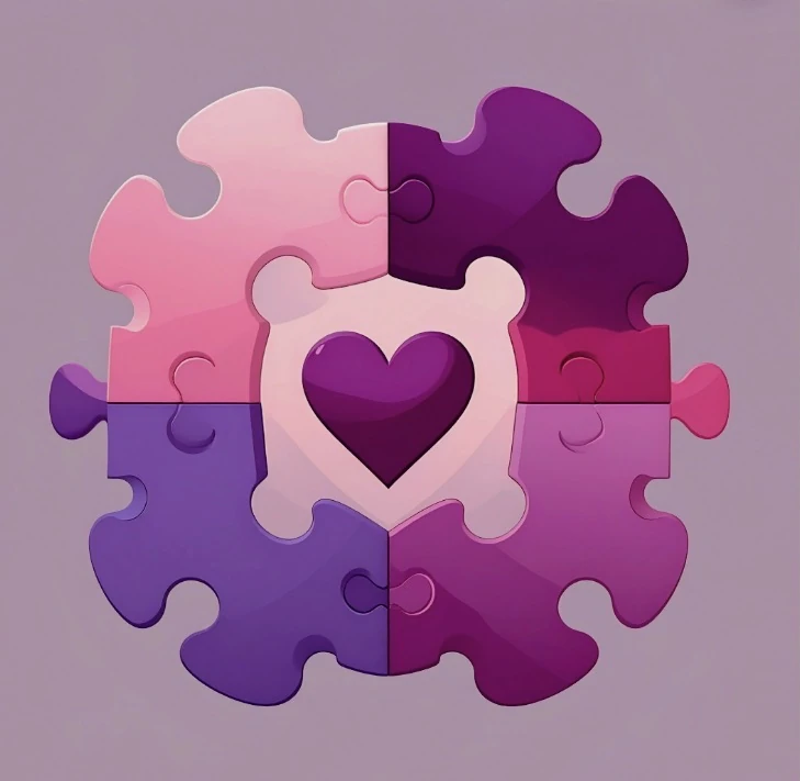 Pink and purple puzzle pieces gathered around a heart